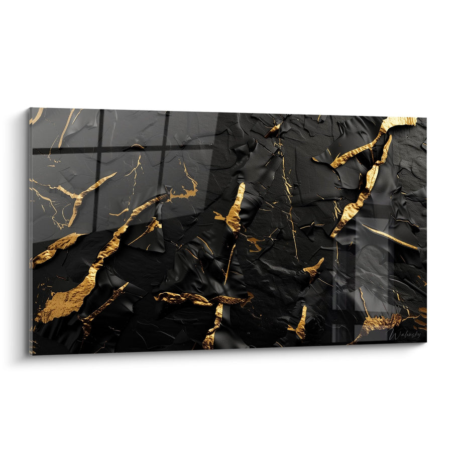 Tableau Composition Abstraite aux Fissures Dorées sur Fond Noir - Kintsugi Moderne - Edition Abstrait noir et or