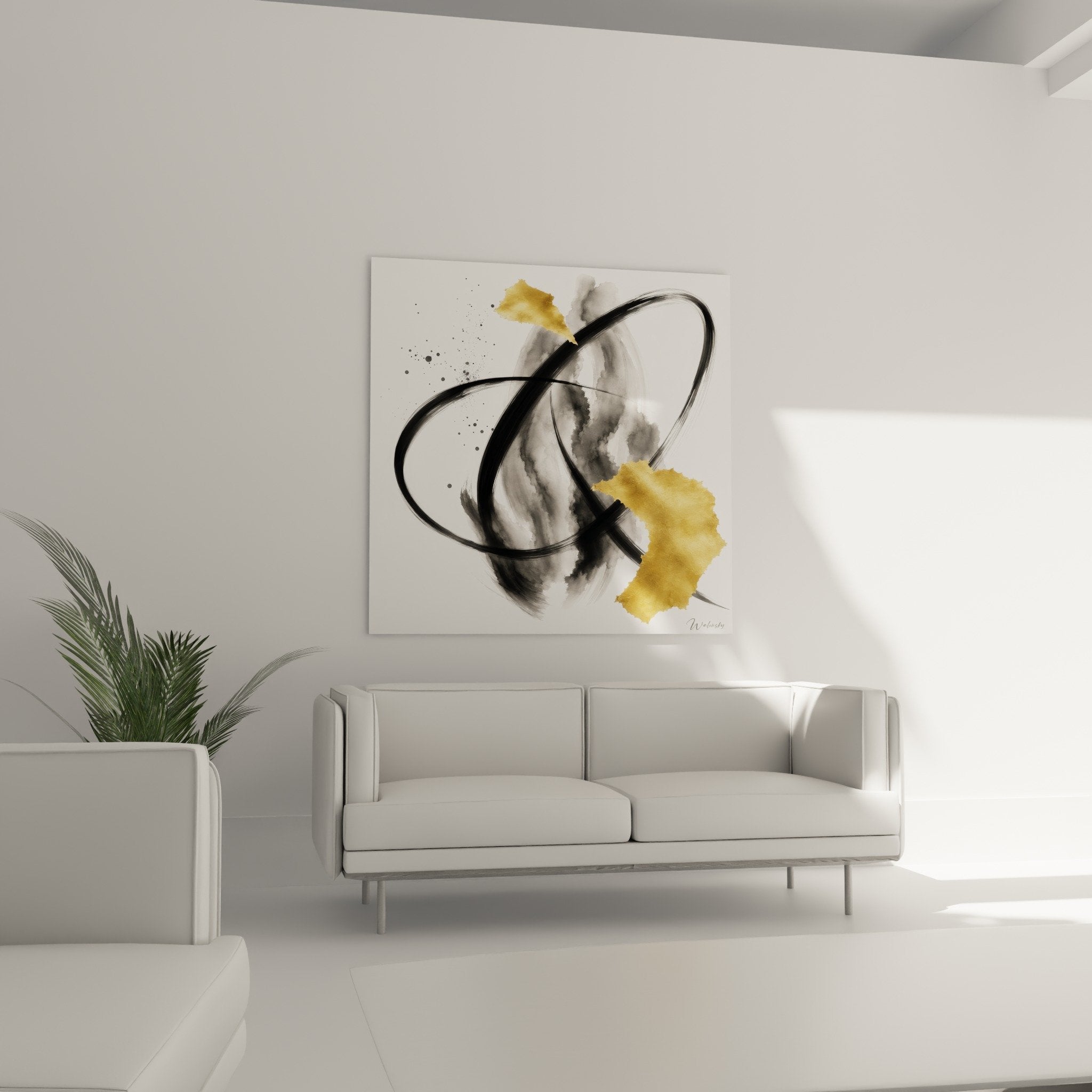 Gros plan sur la texture dorée et les traits noirs du tableau abstrait