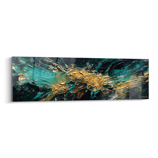 Tableau Vague abstraite turquoise et dorée texturée - Déferlante lumineuse - Edition Abstrait noir et or
