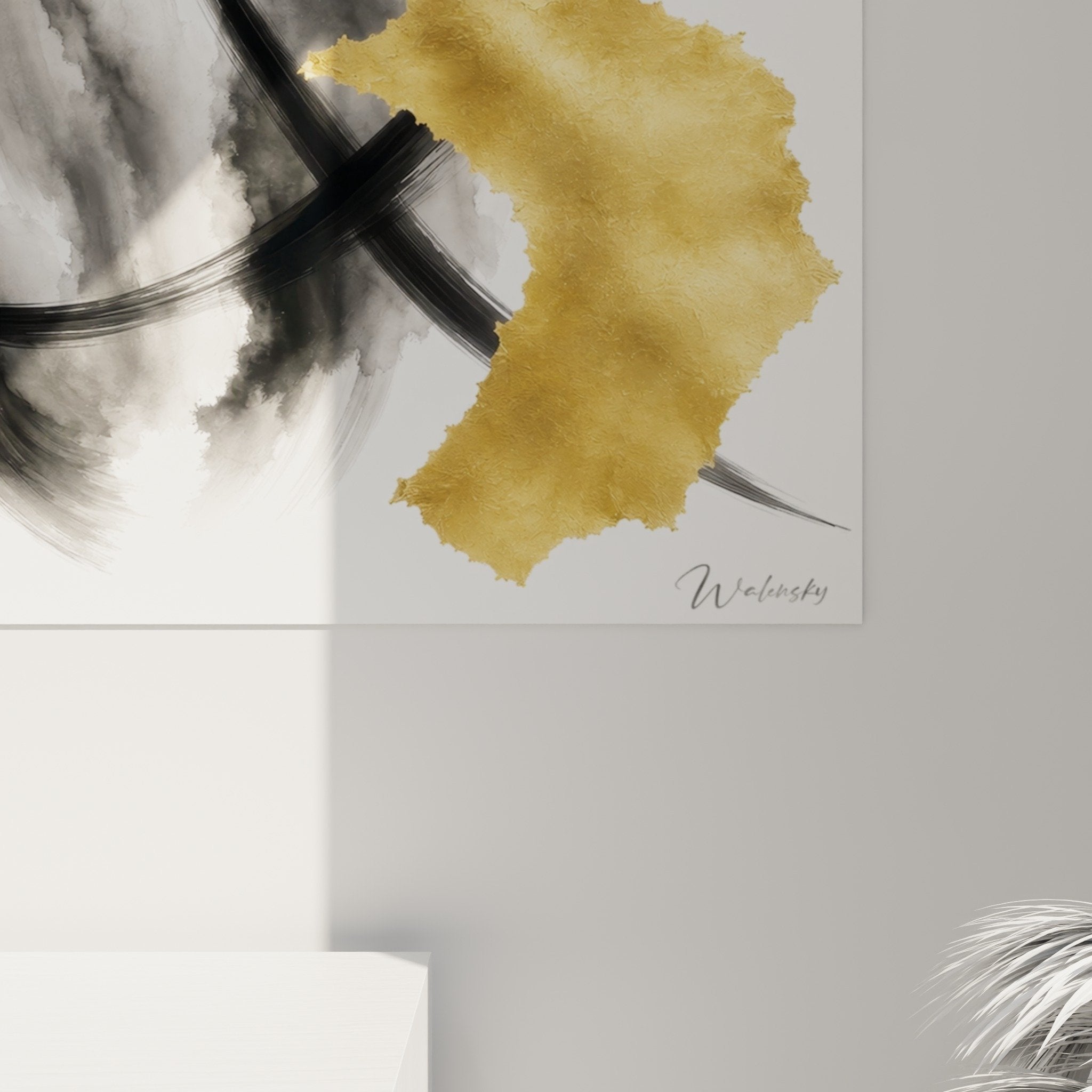 Vue d'ensemble du tableau abstrait Éclipse Dorée aux tons noir, gris et or