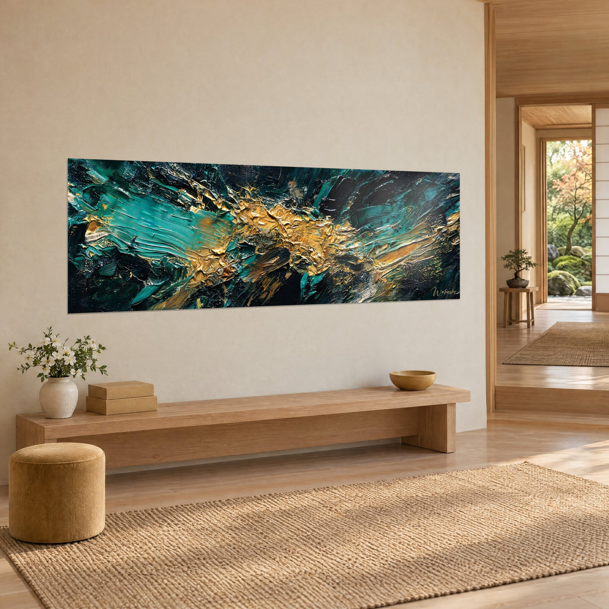 Tableau vague abstraite aux reliefs d'or martelé et turquoise sur fond noir, mur beige, banc en bois clair, vue de biais