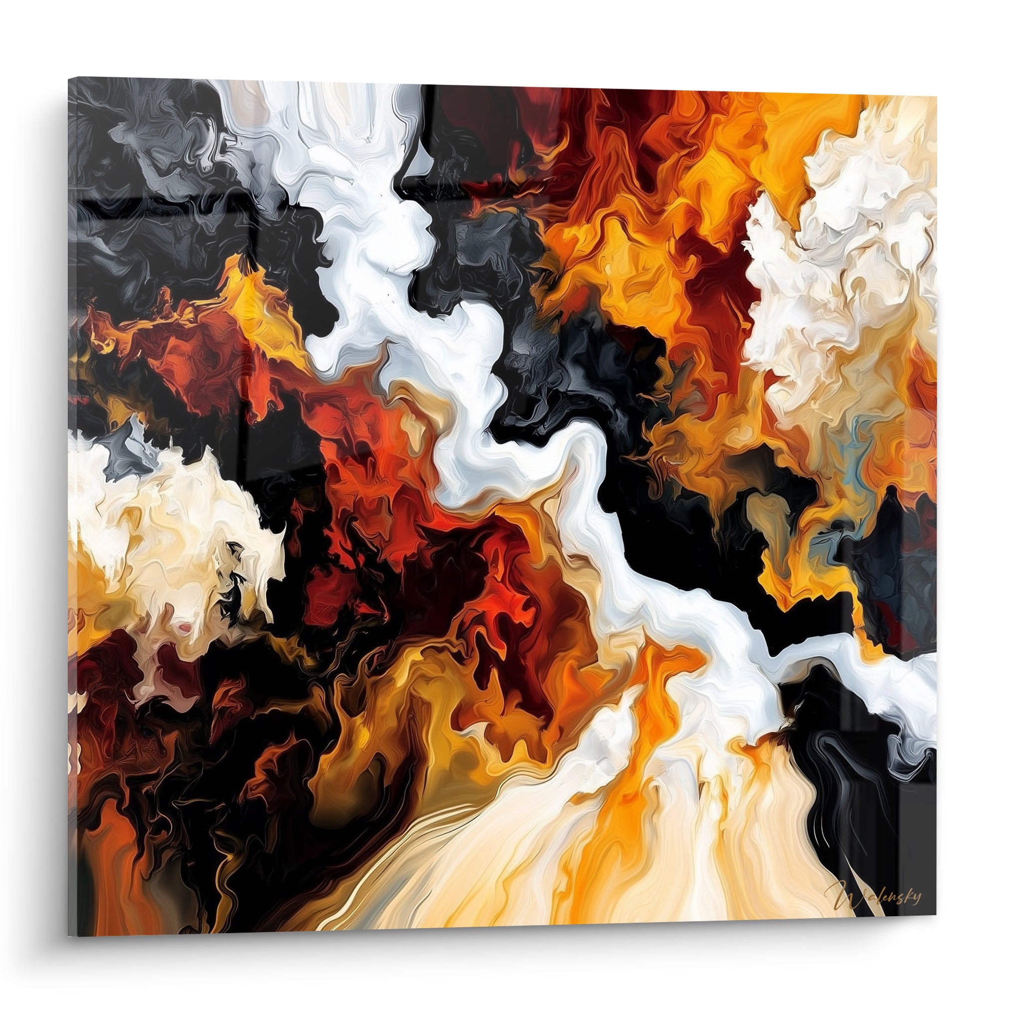 Volutes noires et orange fauve traversées de blanc, composition abstraite dense et texturée