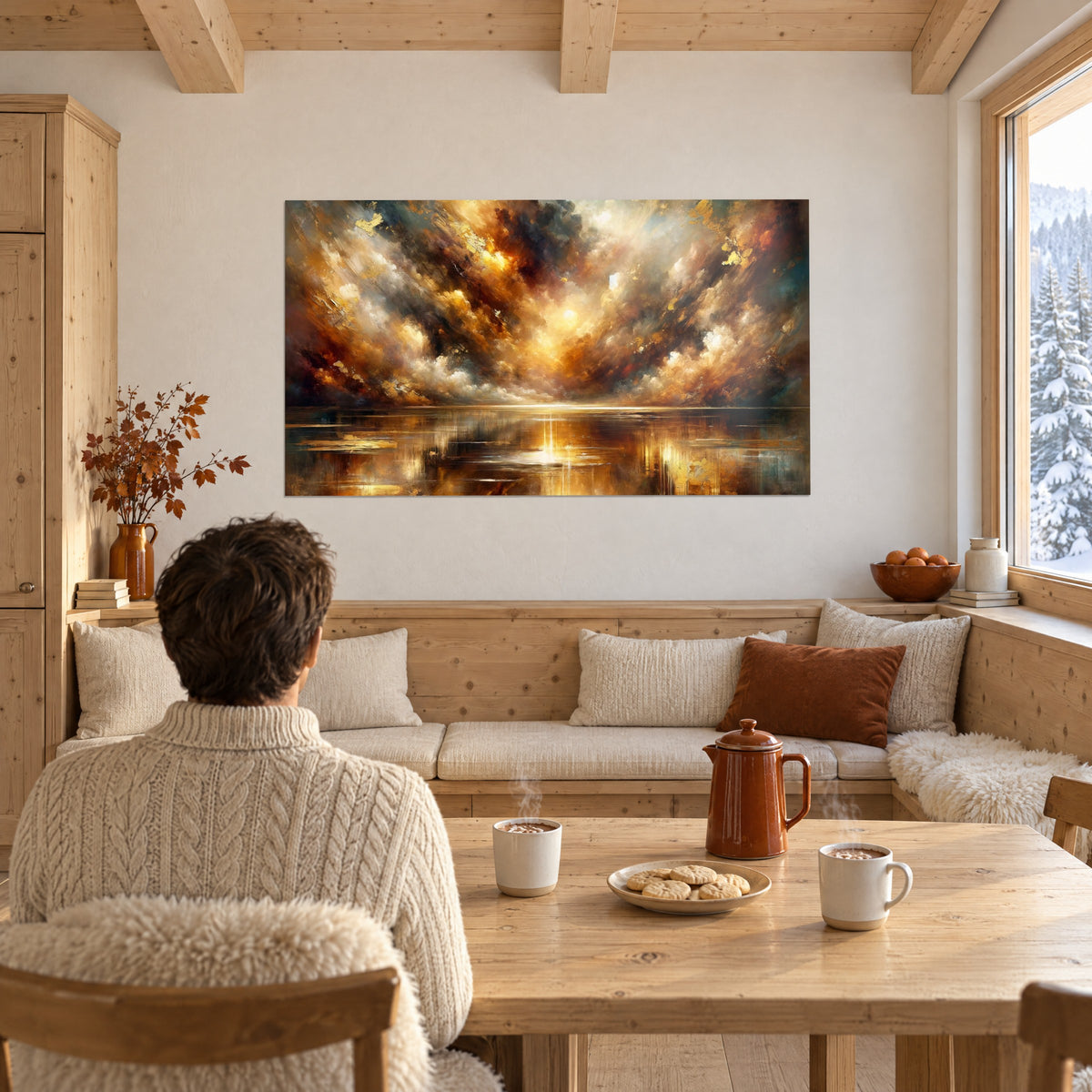 Quadro masse nuvolose arancioni e ocra su un lago dorato, un uomo di spalle accanto a un tavolo di legno, tazze fumanti nello chalet