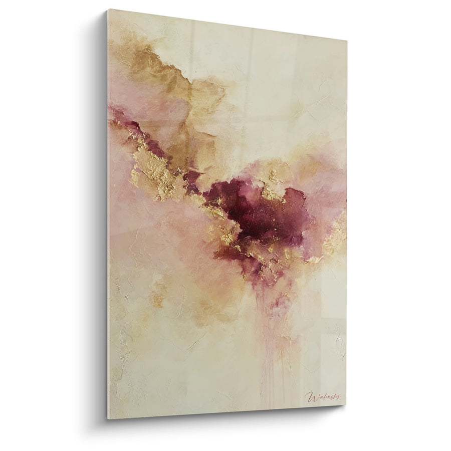 Tableau abstrait nuages dorés et pourpres sur fond nacré - Harmonie Céleste - Edition Feng shui Sud-Ouest Terre