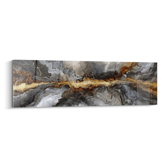 Tableau abstrait aux nuages gris et veines dorées, composition métallique moderne pour décoration intérieure feng shui