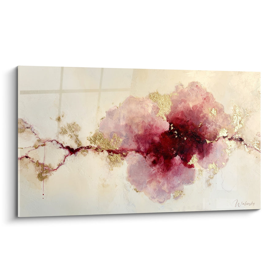 Tableau abstrait nuages roses dorés avec coulées pourpres - Floraison Céleste - Edition Feng shui Sud-Ouest Terre