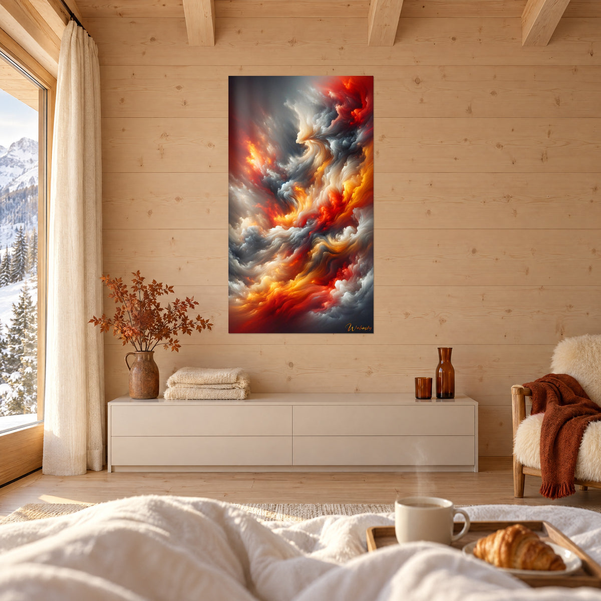 Cuadro cielo incandescente con nubes blancas y rojo brasa, colgado en una pared de dormitorio de madera clara, sobre la cama en una habitación luminosa