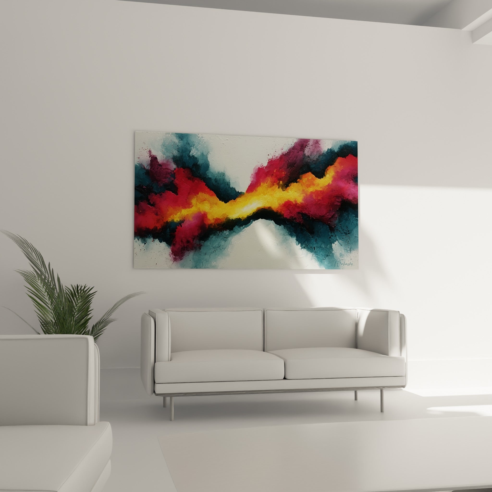 Nuées rouge cramoisi et bleu marine enveloppant une lumière dorée, au-dessus d'un canapé dans un salon lumineux