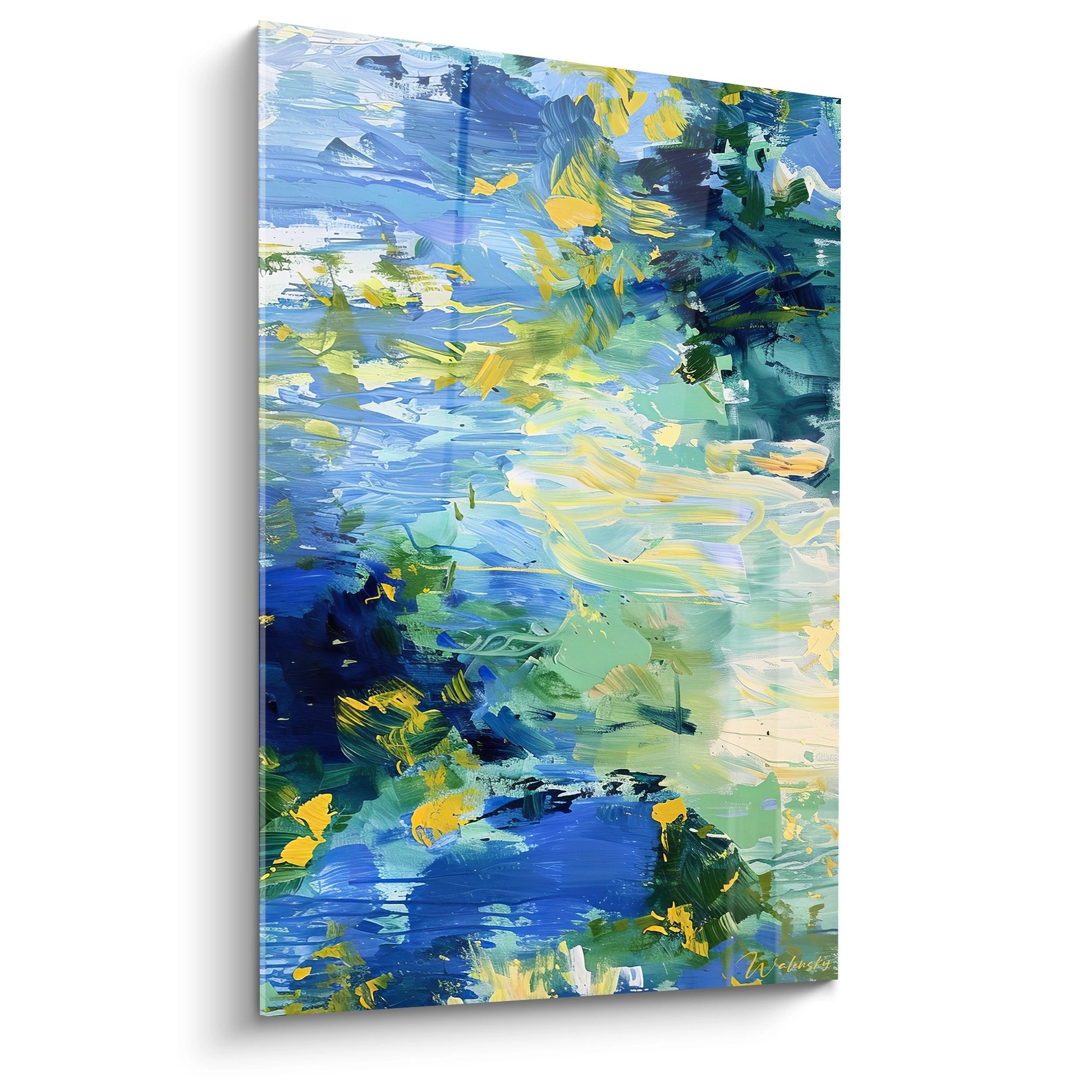 Tableau mural abstrait océanique bleu expressionniste avec touches jaunes