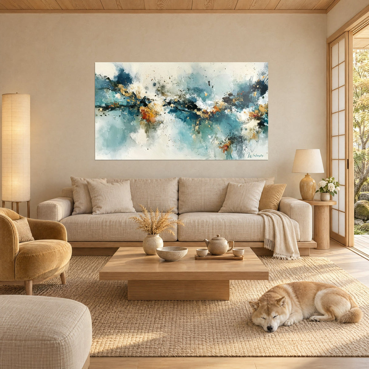 Quadro di onde di schiuma blu petrolio e scintille ocra su fondo crema, Shiba addormentato, sopra un divano in un soggiorno luminoso
