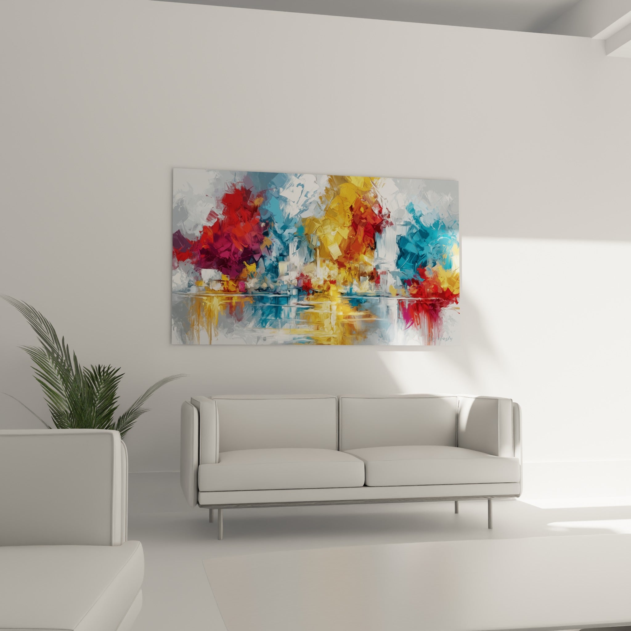 Œuvre abstraite ocre et bleu pétrole aux empâtements marqués, au-dessus d'un canapé dans un salon lumineux