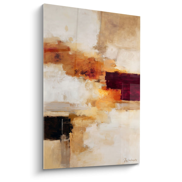 Abstract schilderij oker- en bordeauxnuances met beigetinten - Herfstharmonie - Feng shui Zuid Vuur Editie