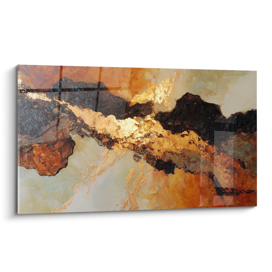 Tableau abstrait aux teintes ocres et dorées avec éclats métalliques - Harmonie Minérale - Edition Feng shui Centre Terre