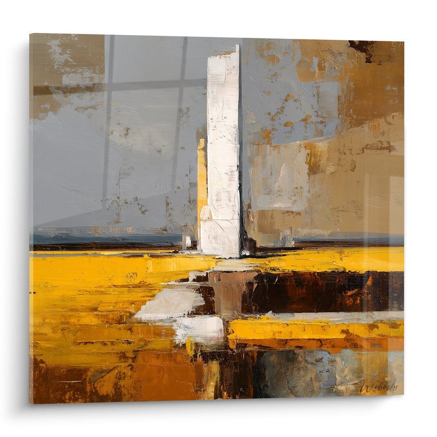 Tableau abstrait aux nuances ocre et grises avec bande dorée horizontale - Harmonie Terrestre - Edition Feng shui Centre Terre