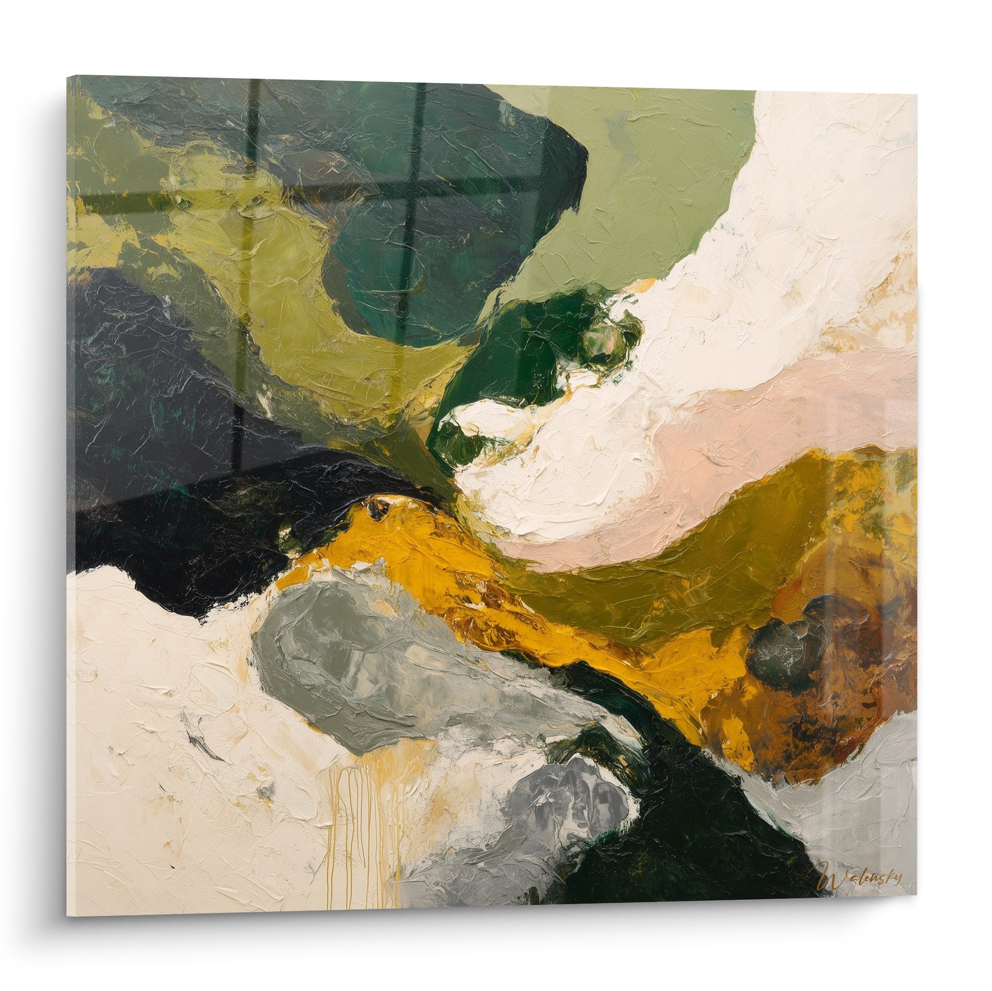 Tableau abstrait aux empâtements ocre émeraude et beige formes organiques fluides style contemporain