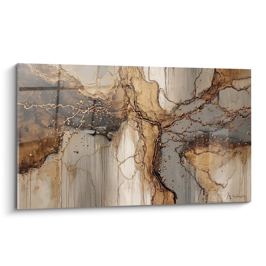 Tableau abstrait aux nuances ocres et grises avec textures fluides - Harmonie Terrestre - Edition Feng shui Nord-Est Terre