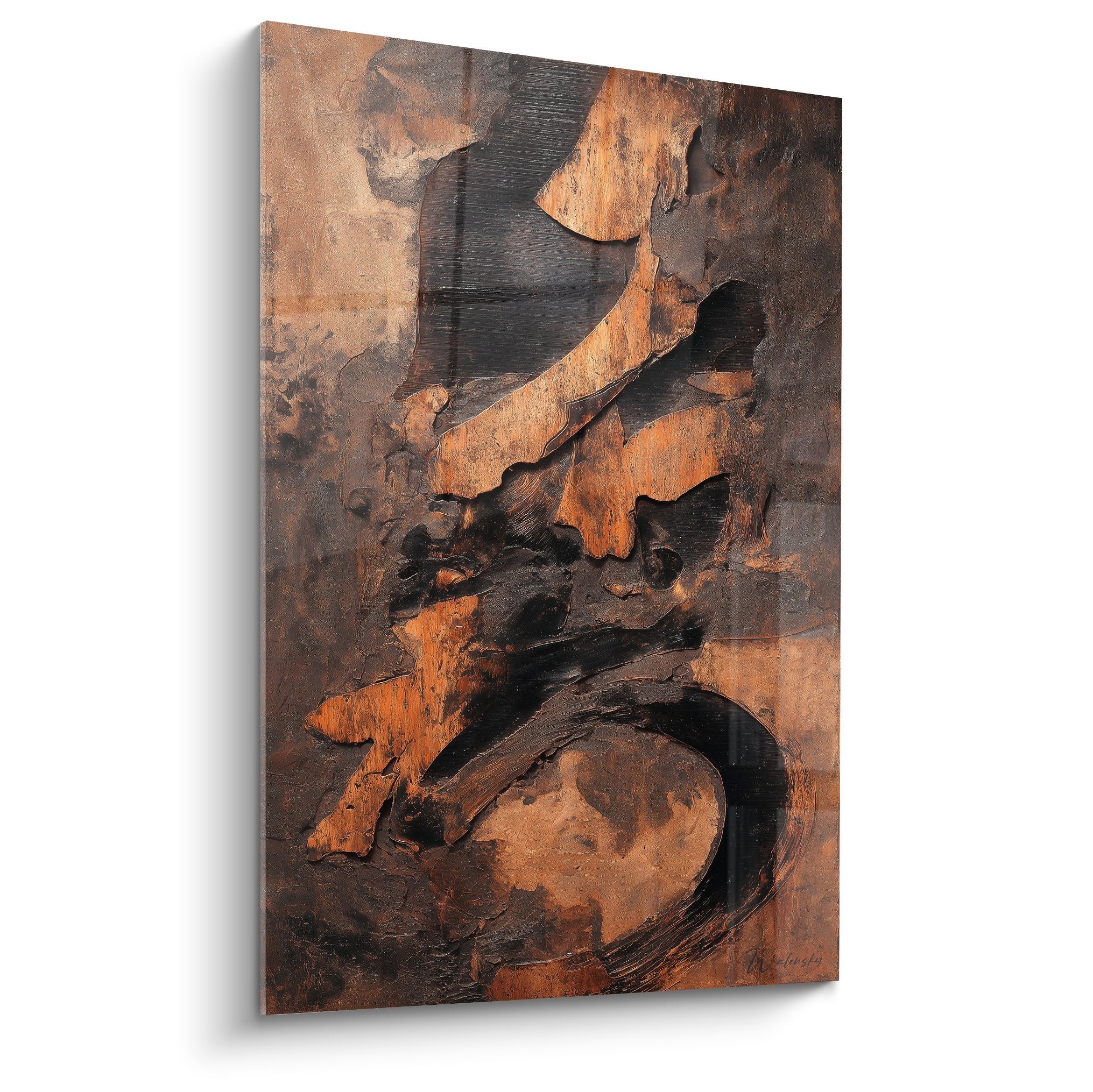 Abstraktes Gemälde mit Texturen Ocker Schwarz metallische Reliefs mineralische Fusion Feng Shui Erdmitte