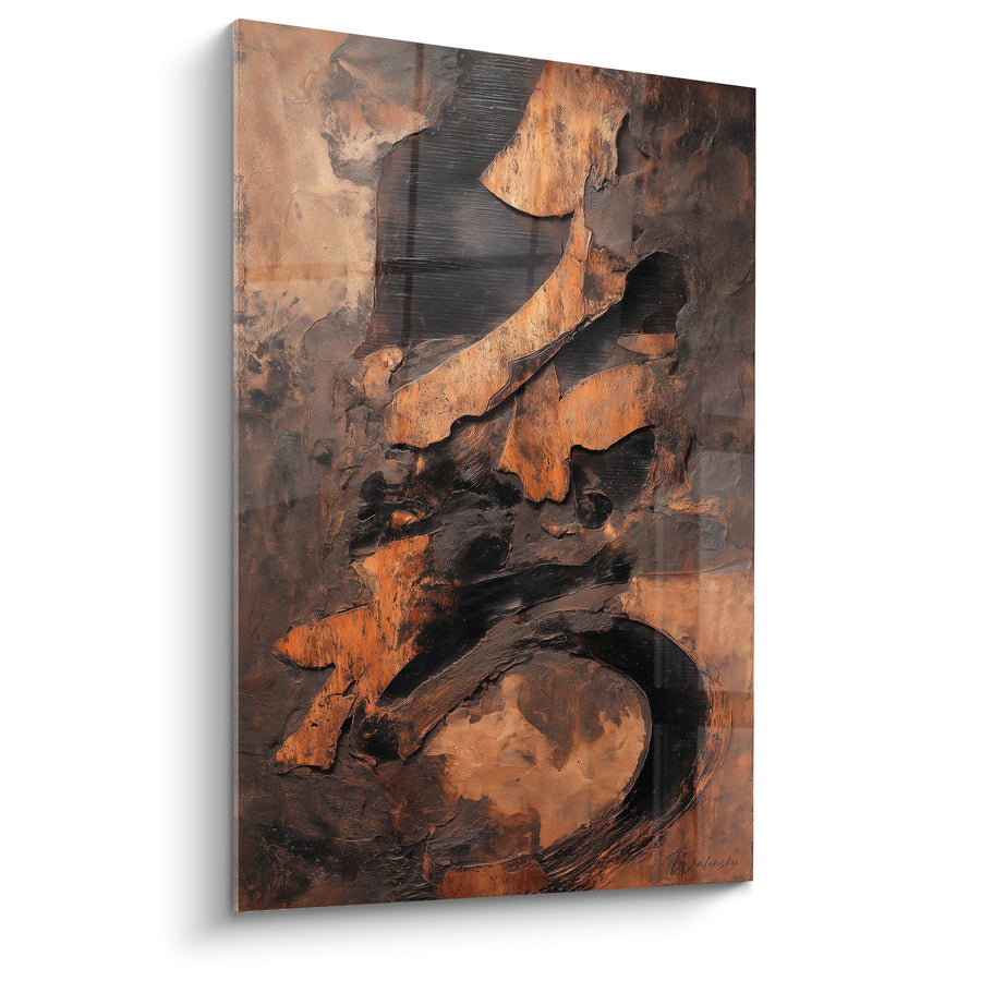 Tableau abstrait ocre et noir aux textures métalliques sculpturales - Fusion Minérale - Edition Feng shui Centre Terre