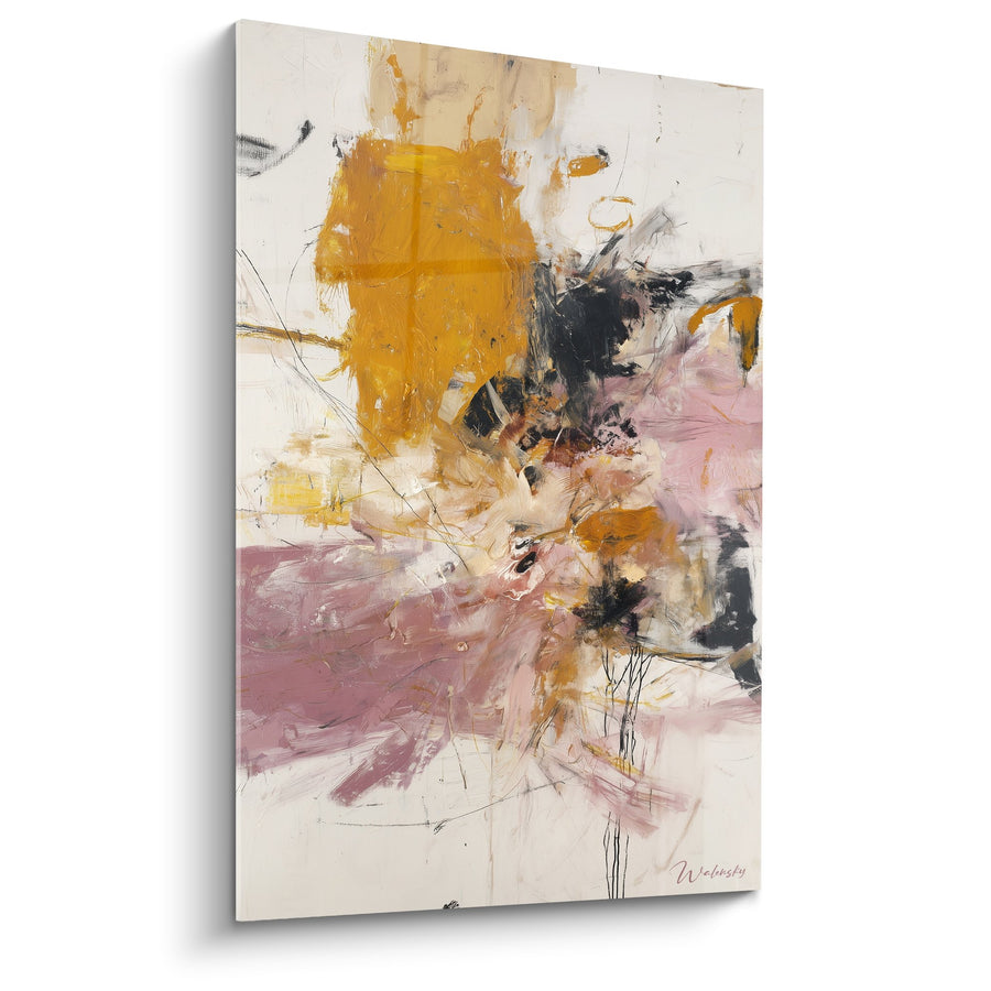 Tableau abstrait ocre rose et noir aux textures expressives - Harmonie Automnale - Edition Feng shui Sud-Est Bois