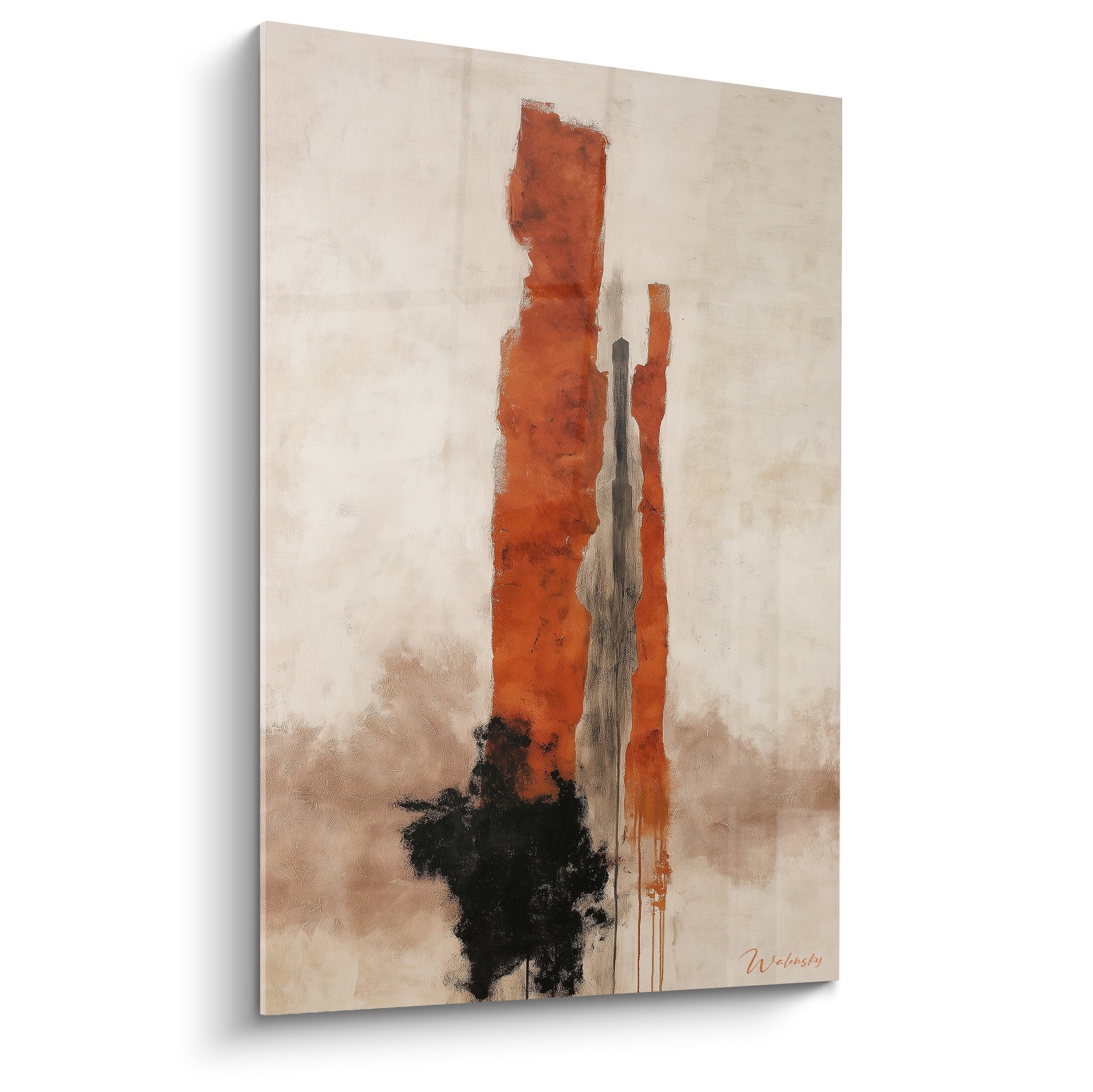 Tableau abstrait aux tons ocre terre brulee avec formes verticales expressives sur fond beige creation feng shui centre terre