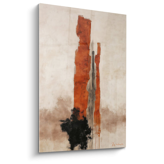 Tableau abstrait aux couleurs ocre et terre brûlée avec formes verticales expressives - Harmonie Minérale - Edition Feng shui Centre Terre