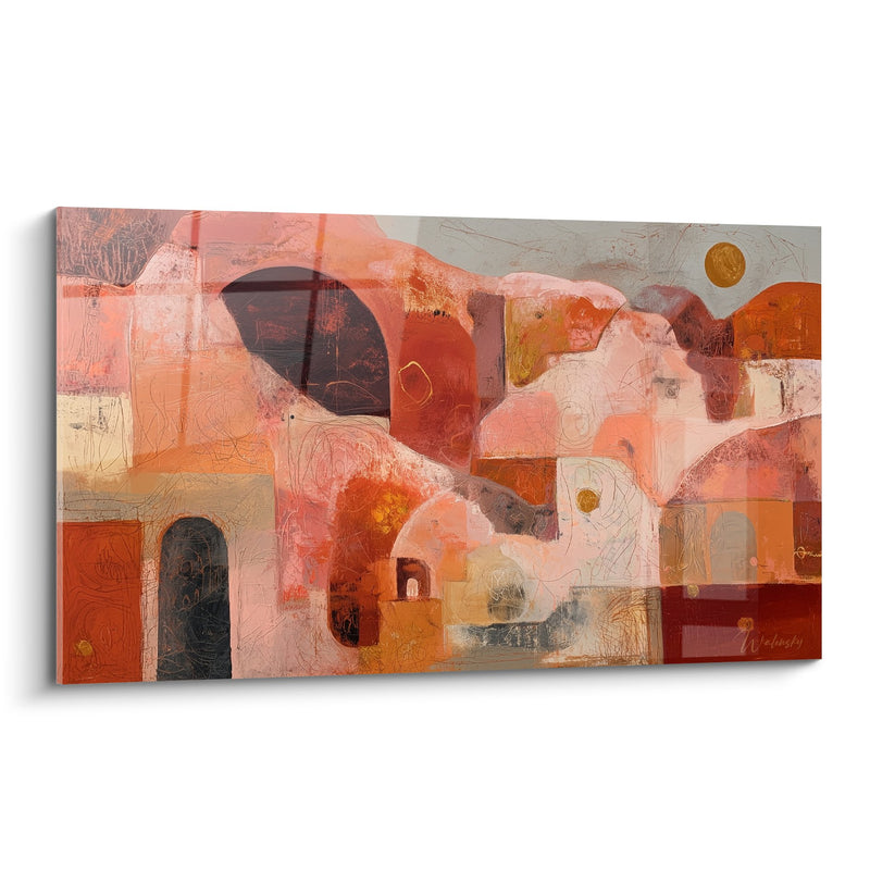 Tableau abstrait ocre et terre cuite aux formes organiques - Harmonie Minérale - Edition Feng shui Sud-Ouest Terre