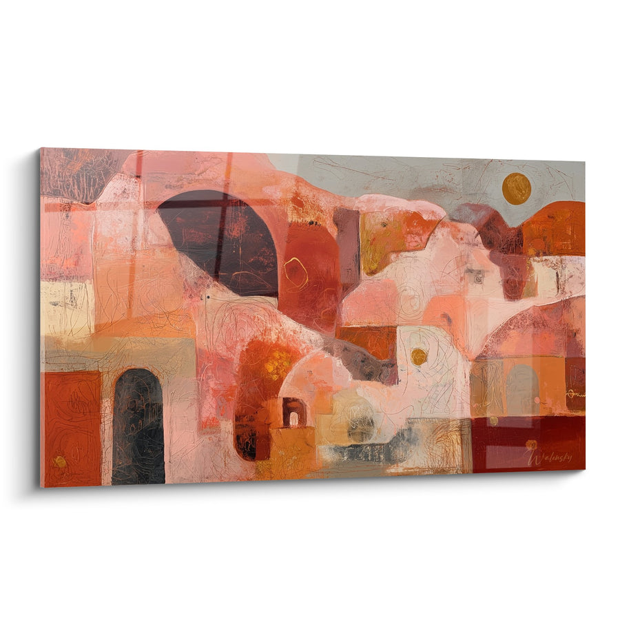 Tableau abstrait ocre et terre cuite aux formes organiques - Harmonie Minérale - Edition Feng shui Sud-Ouest Terre