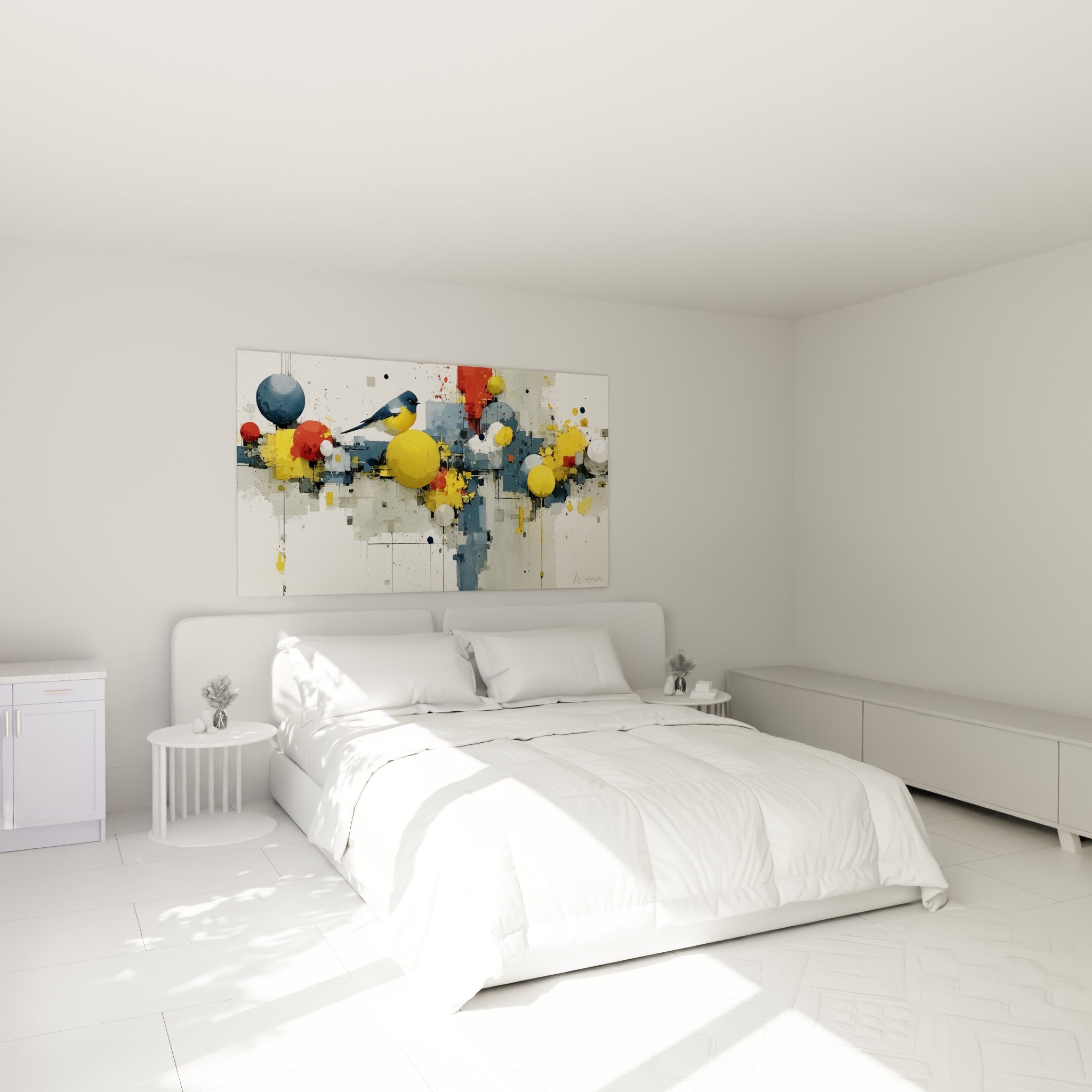 Sphères bleu marine et jaunes encadrant une mésange colorée, au-dessus d'un lit dans une chambre claire
