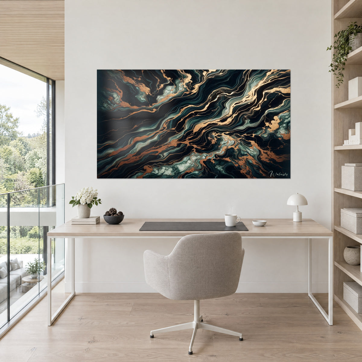 Wall art with a deep black mineral wave striped in copper rose and verdigris, bright office, grey chair and window overlooking the garden