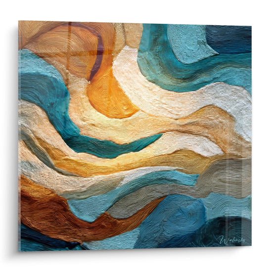 Tableau ondes fluides dorées et turquoise - Symphonie Marine - édition texture abstrait
