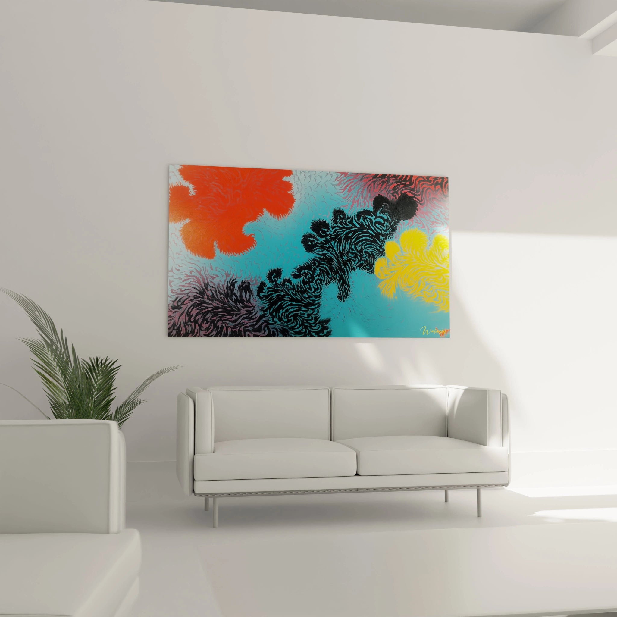 tableau op art abstrait multicolore avec motifs organiques noirs bleu turquoise orange et jaune au dessus d un canapé blanc