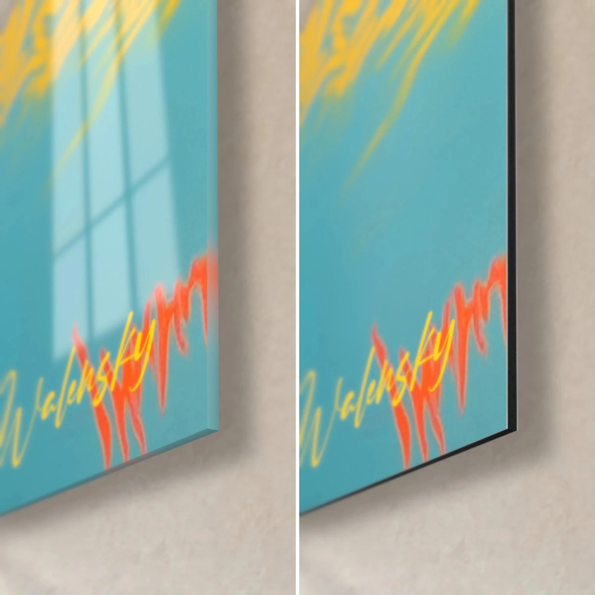 Schilderij met golvend turquoise patroon, rechtsonder: glanzend acrylglas met reflecties, mat zwart Dibond, oranje en gele signatuur