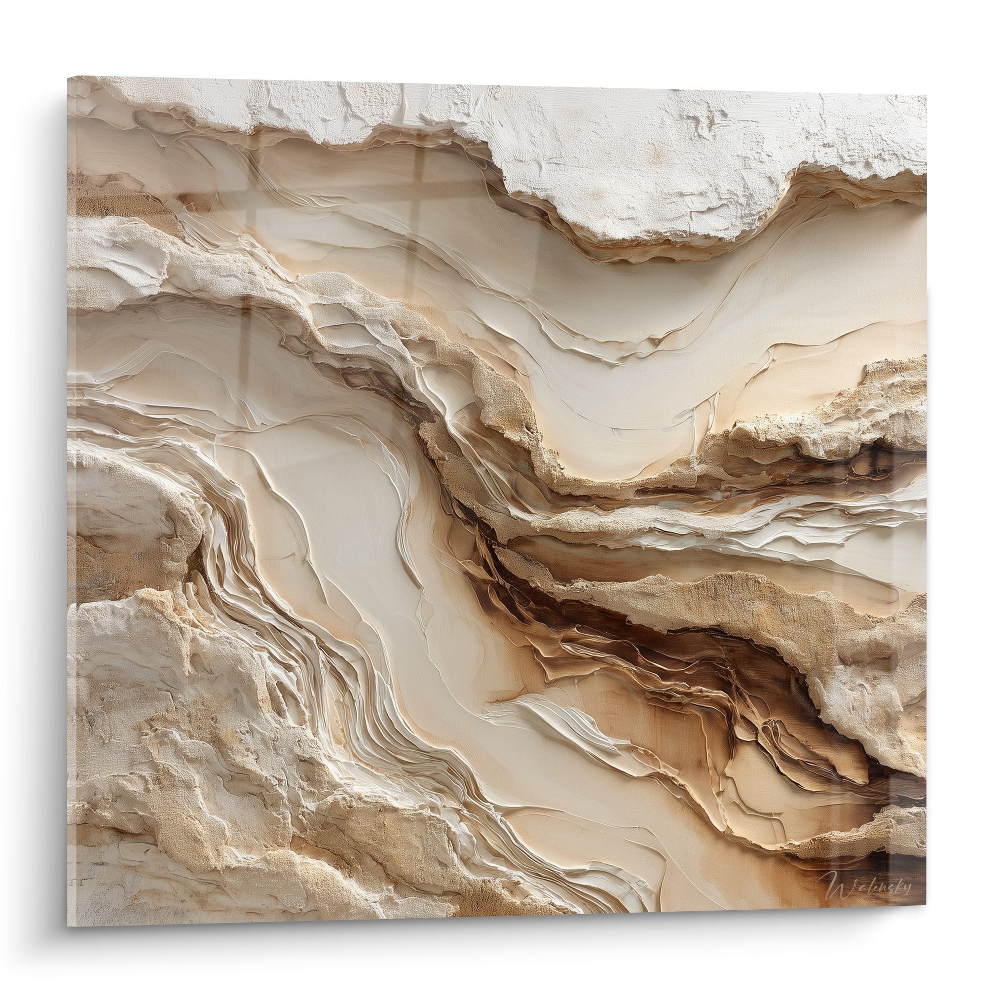 Tableau abstrait aux ondulations beiges et crème avec textures sculptees style feng shui centre terre