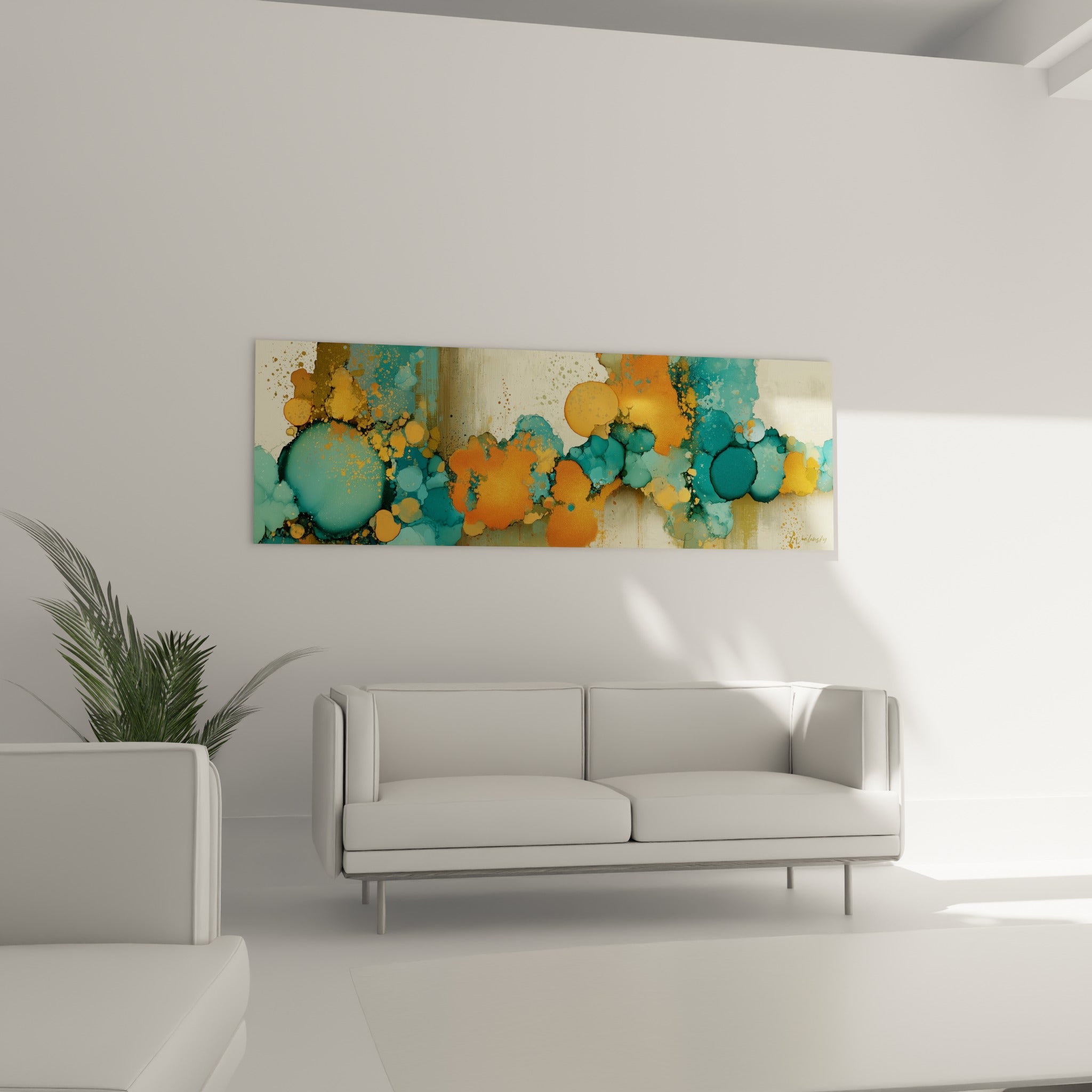 Éclats dorés sur bulles orange et anthracite disposés au-dessus d'un canapé dans un salon lumineux