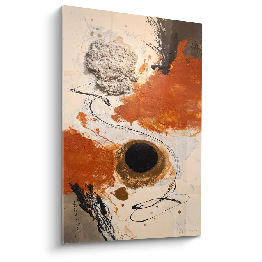 Tableau abstrait orange et beige avec formes organiques et cercle noir - Harmonie Terreuse - Edition Feng shui Centre Terre