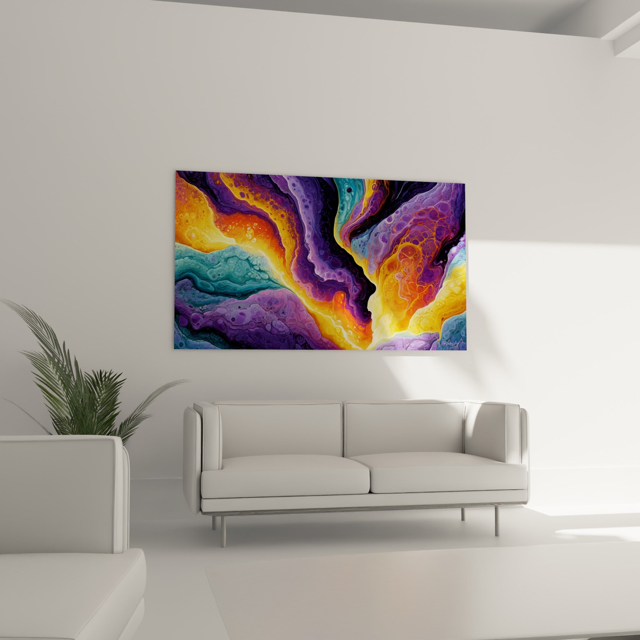 Vagues turquoise et orangées entrelacées, tableau style Peinture abstrait au-dessus d'un canapé dans un salon lumineux
