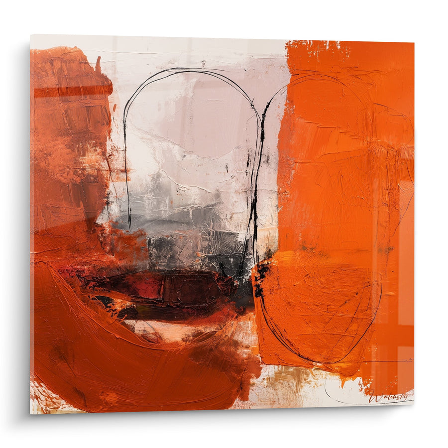Tableau abstrait orange et gris avec formes circulaires noires - Énergie ardente - Edition Feng shui Sud Feu