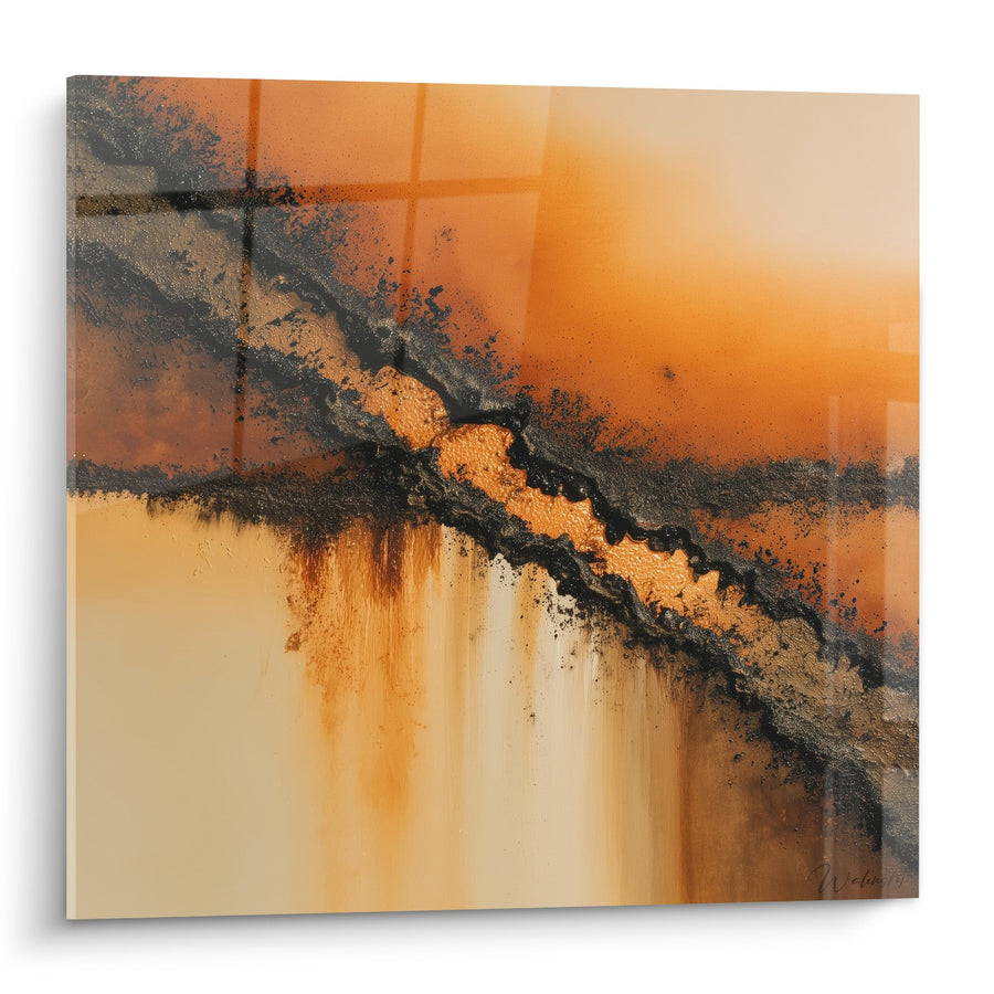 Tableau abstrait aux teintes orangées et noires avec coulures - Harmonie Terrestre - Edition Feng shui Centre Terre