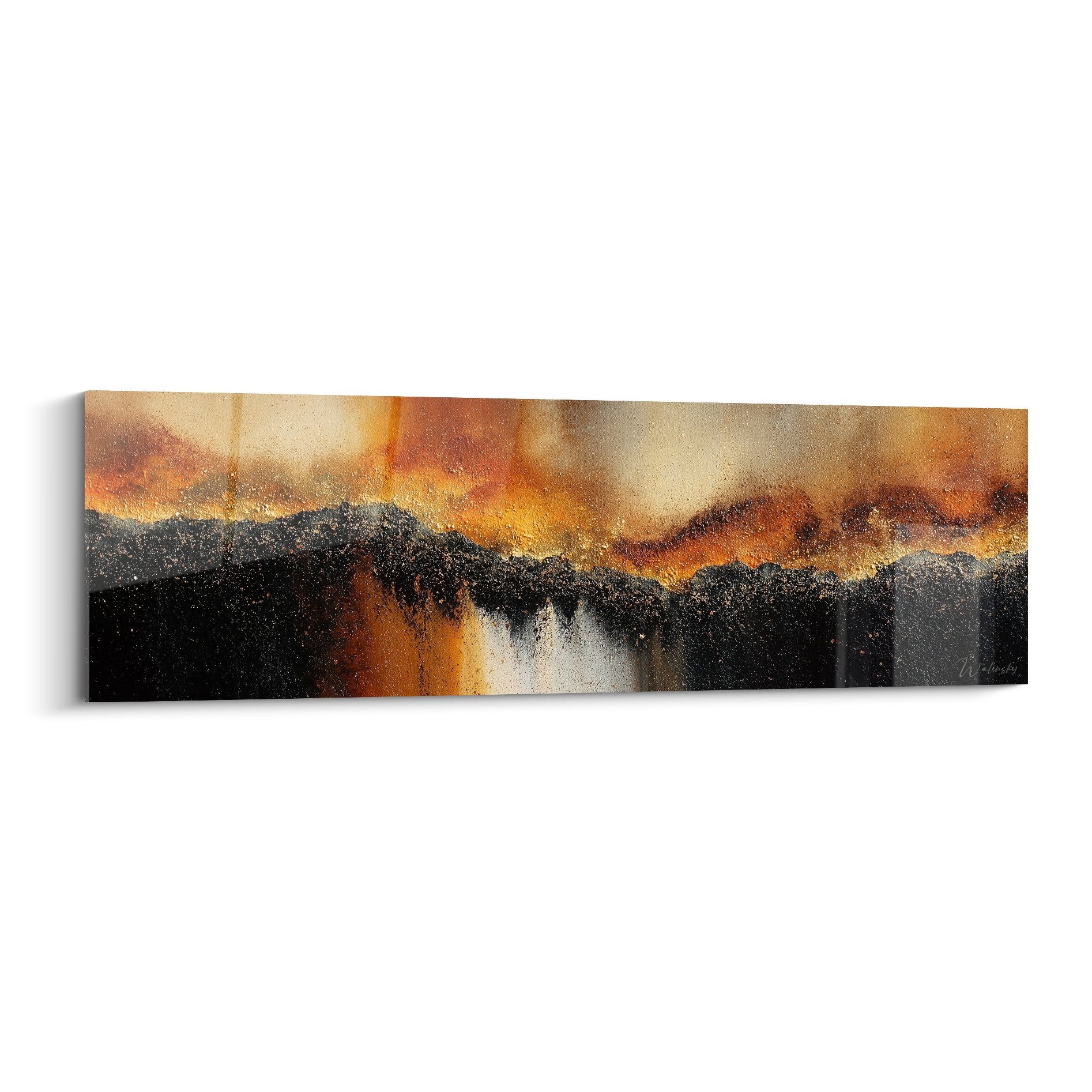 Tableau abstrait horizontal orange noir avec textures dorees feng shui centre terre decoration murale moderne