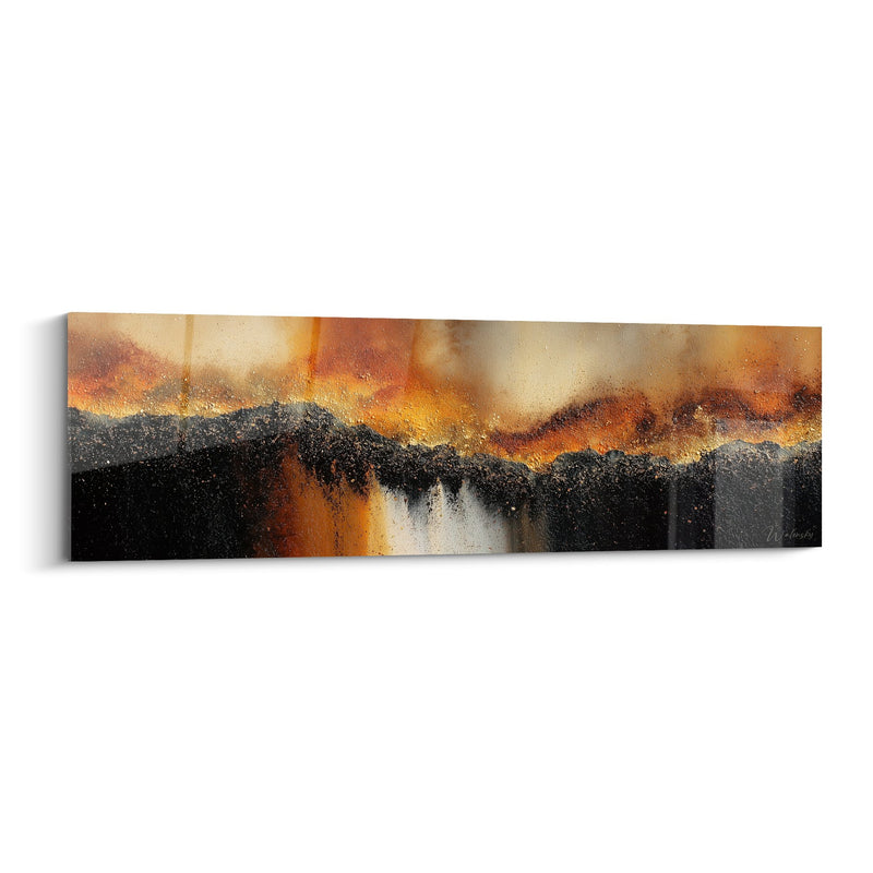 Tableau abstrait aux tons orange et noir avec textures dorées - Horizon Enflammé - Edition Feng shui Centre Terre