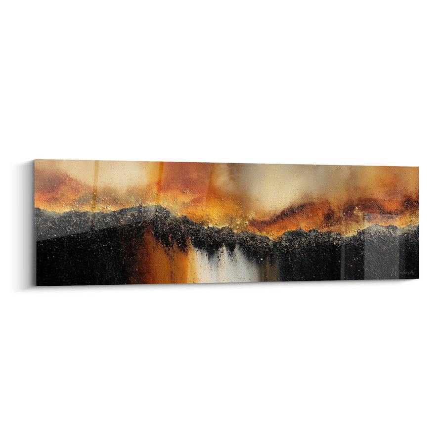 Tableau abstrait aux tons orange et noir avec textures dorées - Horizon Enflammé - Edition Feng shui Centre Terre