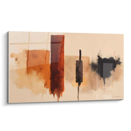 Tableau abstrait aux tons oranges cuivres et noirs sur fond beige avec formes geometriques feng shui centre terre