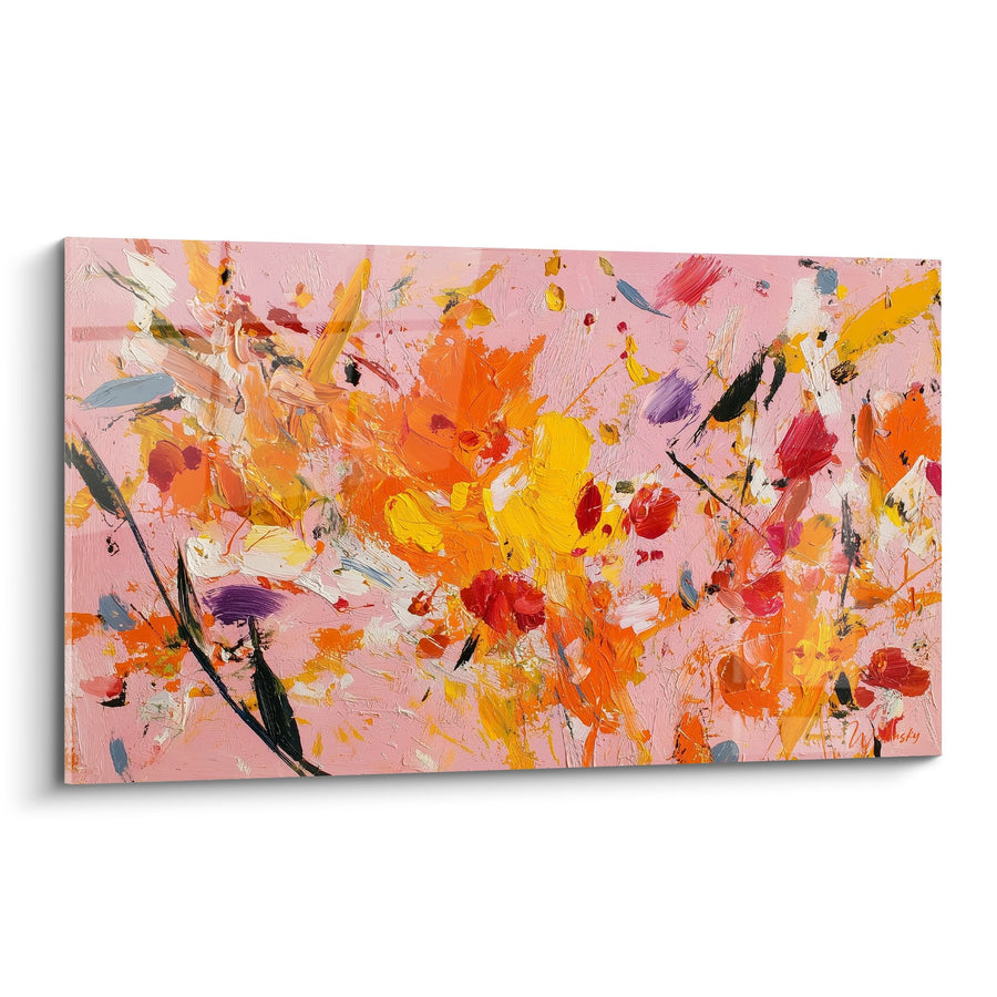 Tableau abstrait aux éclats orange et rose sur fond rosé - Explosion Florale - Edition Feng shui Sud-Ouest Terre
