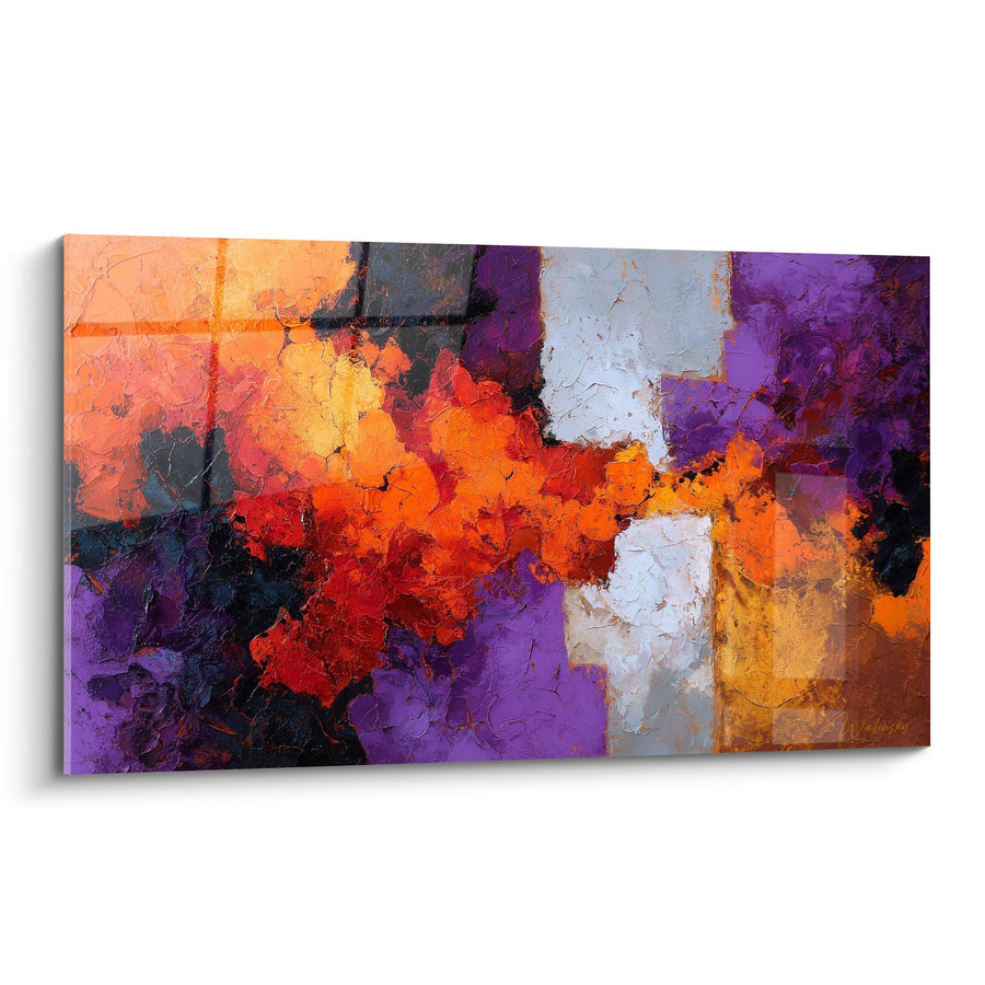 Tableau abstrait explosion de couleurs chaudes orange rouge et violet - Flammes intérieures - Edition Feng shui Sud Feu