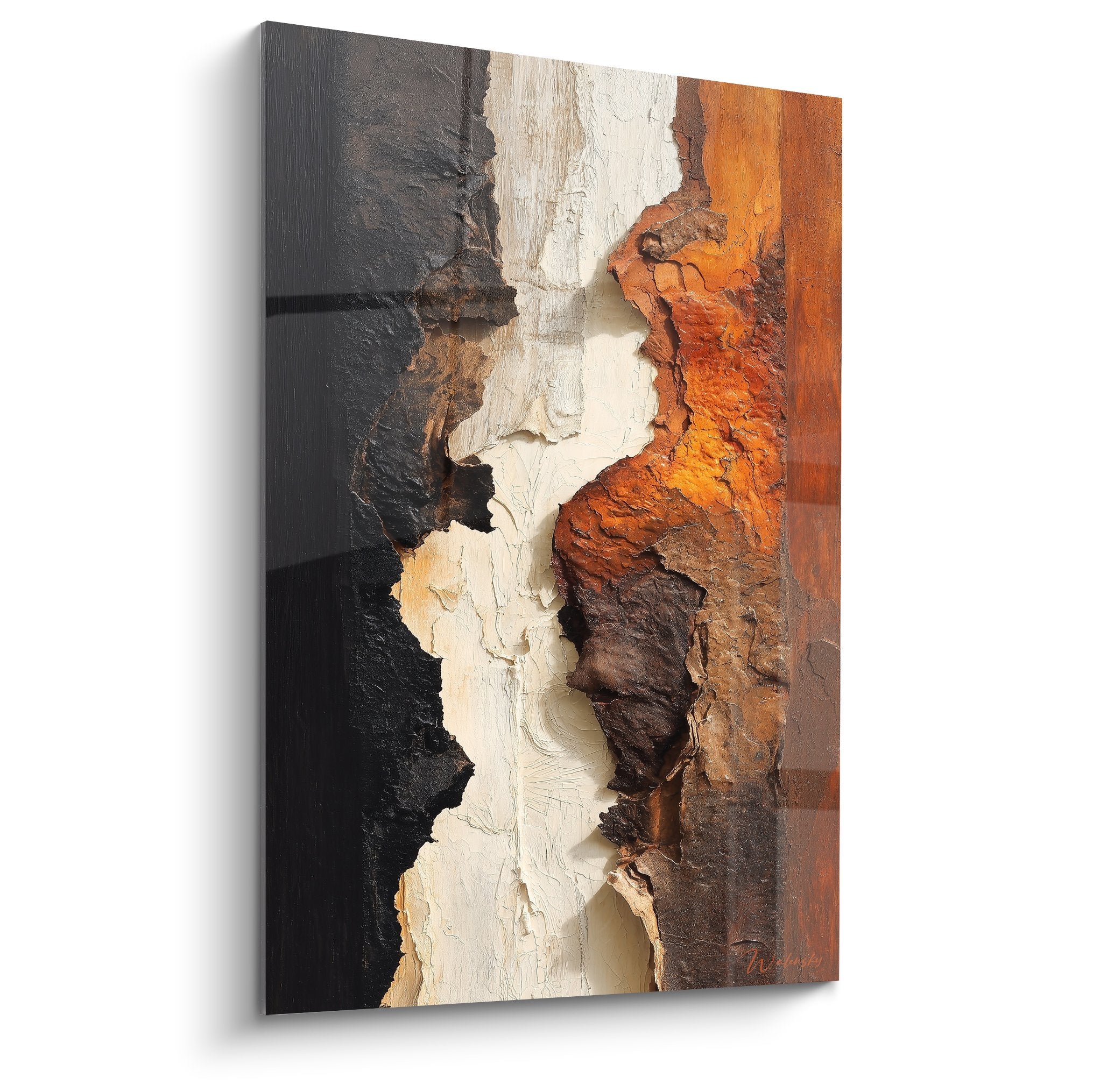 Tableau abstrait aux textures epaisses orange terre et creme style contemporain feng shui centre terre
