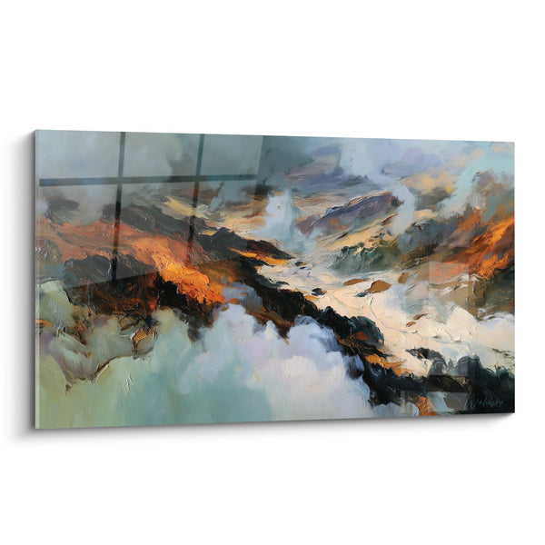 Abstract Landschap Schilderij Oranje en Turquoise met Witte Wolken - Hemels Horison - Feng Shui Noordoost Aarde Editie
