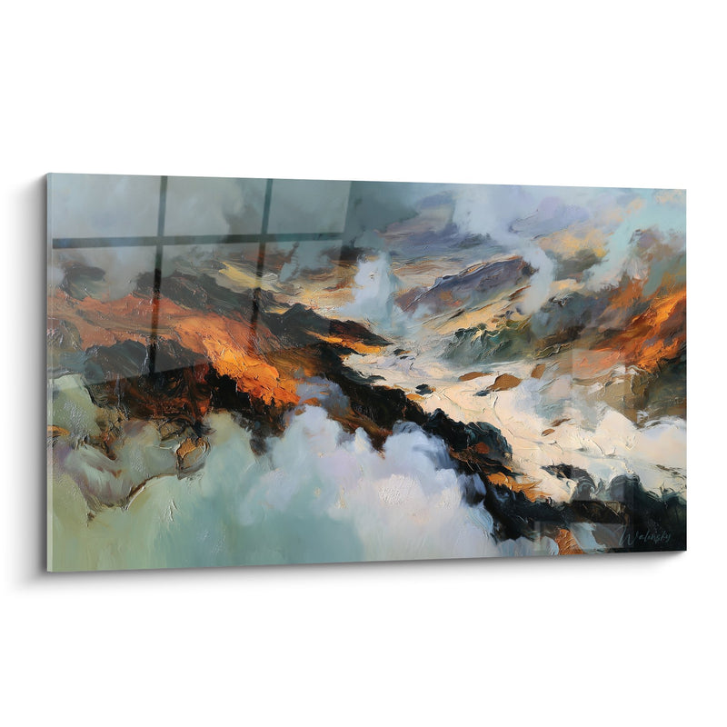 Abstraktes Landschaftsgemälde Orange und Türkis mit weißen Wolken - Himmelshorizont - Feng Shui Nordosten Erde Edition