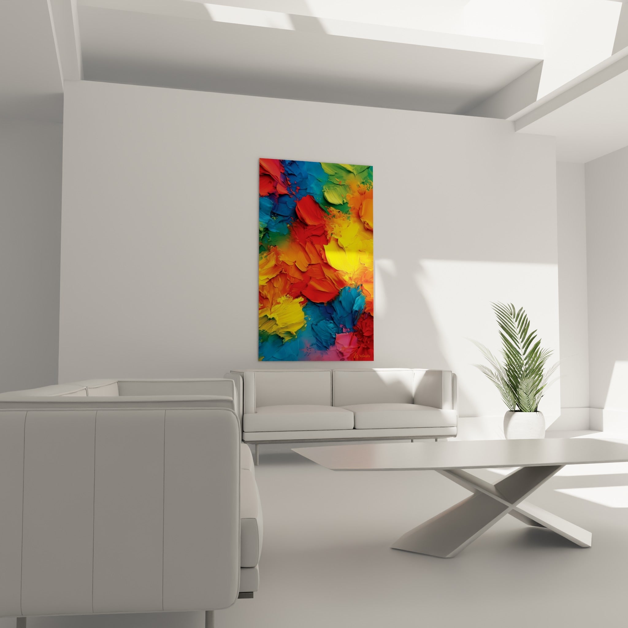 Touches épaisses rouge et bleu turquoise d'une composition abstraite au-dessus d'un canapé dans un salon lumineux