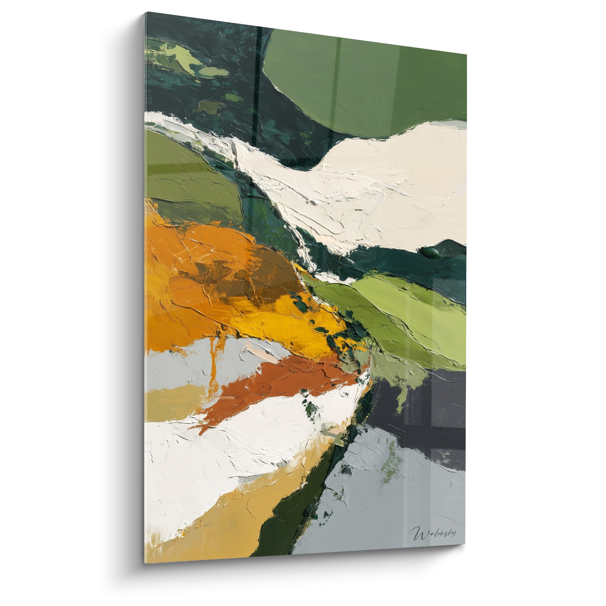 Tableau abstrait aux couleurs automnales orange vert et blanc, matière epaisse et traits expressifs feng shui est bois