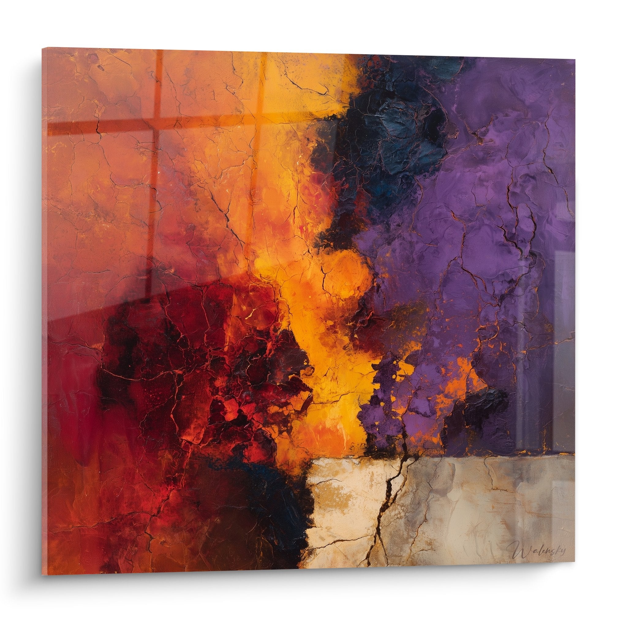 Tableau abstrait aux couleurs chaudes orange et violettes avec texture craquelée authentique feng shui sud feu